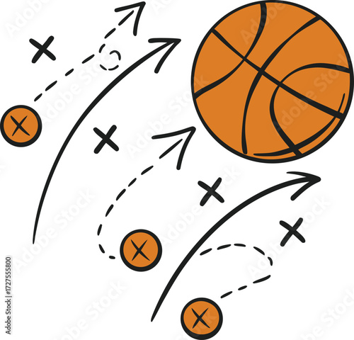 Basketball strategy illustration with ball, arrows, and tactical play diagram showing coaching plan, sports training design, and game movement concept for team planning and analysis.