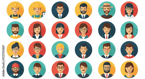 A diverse collection of circular avatars representing various professions and styles, showcasing a range of human characters