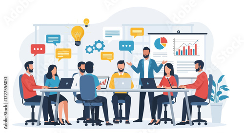 A diverse team of professionals actively engaged in a collaborative business meeting, discussing strategies and analyzing data presented on a whiteboard and laptops