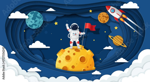 An astronaut stands triumphantly on a moon, planting a flag, with a rocket soaring through a starfilled galaxy