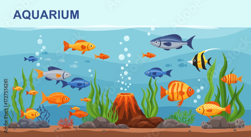 A vibrant underwater aquarium scene teeming with diverse colorful fish swimming amongst aquatic plants and rocks, with a volcano in the background