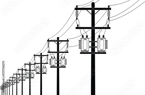 Electric power distribution poles with transformers and overhead wires receding into distance, black vector silhouette for energy infrastructure, grid design, and industrial illustration