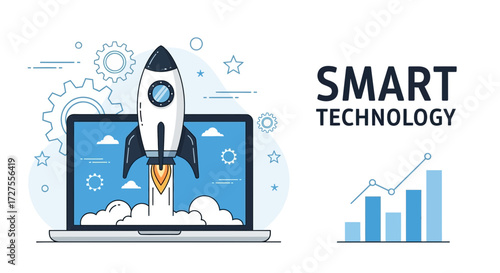 A rocket launches from a laptop screen, symbolizing smart technology, business growth, and innovation with a data chart in the background