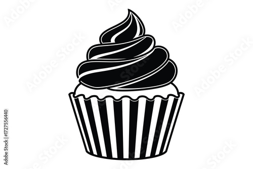 Vector art of a delightful black and white cupcake illustration, perfect for dessertthemed designs, bakery promotions, or sweet treat graphics, showcasing simplicity and charm