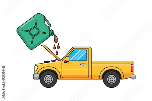 Vector art of a vibrant illustration depicting a yellow pickup truck receiving an oil change, symbolizing vehicle maintenance, automotive care, and the importance of regular servicing