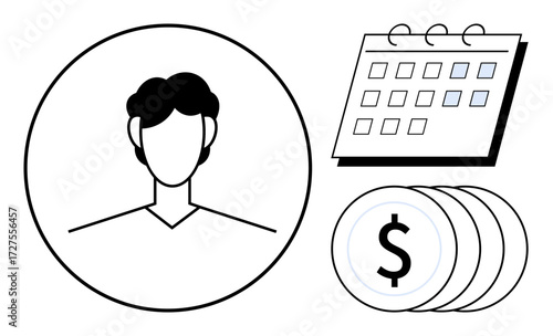 Outline of a person, calendar with marked days, stacked coins with dollar icon. Ideal for planning, finance, scheduling, budgeting, goal setting, time management simple flat metaphor