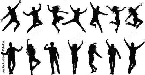 Silhouette people jumping, dancing, posing, exercising, fitness, teamwork, celebration, freedom, energy, lifestyle, movement, active, sports, success, motivation, happiness,