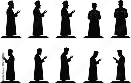 PrintIslamic prayer silhouette, Muslim man worship, black and white illustration, cultural religion art, prayer positions sequence, spiritual devotion, traditional attire, worship ritual