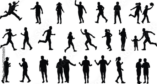 Silhouette people poses, walking, running, jumping, waving, talking, interaction, motion study, body language, human figures, black silhouettes, grid layout