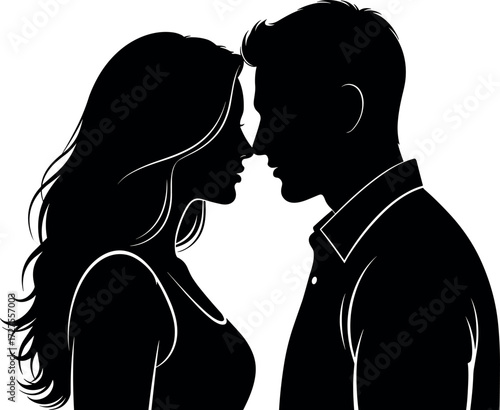 Romantic couple silhouette in intimate moment, emotional connection, love expression, black and white vector art for relationship-themed stock content