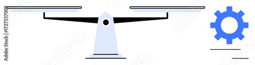 Balance scale with symmetrical weights alongside a blue gear symbolizing equilibrium, fairness, and organized processes. Ideal for concepts thumbs up decision-making, justice, balance, engineering