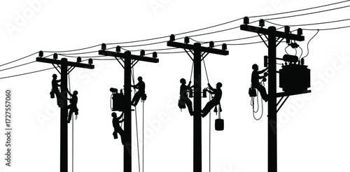 Silhouette of linemen working on utility poles with power lines and transformers, vector illustration for energy maintenance, safety, infrastructure, and industrial workforce themes