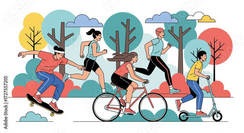 A diverse group of people enjoying various outdoor activities in a park setting, including running, cycling, skateboarding, and scootering