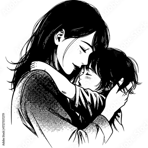 Embracing Motherhood: A tender monochrome depiction capturing the serene intimacy between a mother and child. Expressing the warmth and protection.