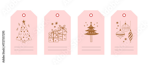 Merry Christmas cards collection with gold festive elements. Xmas tags. Cute pink labels for gifts, presents. Secret Santa. Vector hand drawn Christmas tree, toys, balls, snowflakes, stars