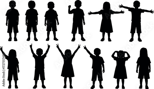Silhouette set of diverse children in playful standing poses, ideal for educational, lifestyle, and gesture recognition vector illustrations.