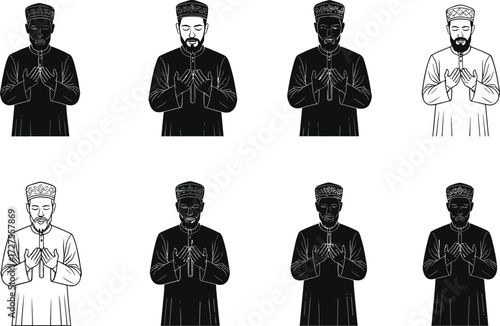 Muslim man praying illustration, Islamic worship posture, traditional cap attire, hands raised in dua, silhouette, line art, cultural religion design