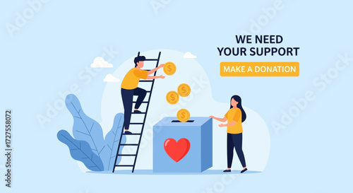 People are contributing money to a donation box, symbolizing support and charity