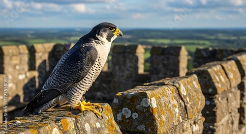 Falcon atop castle wall.
