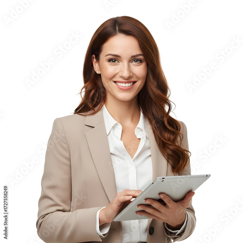 Smiling professional businesswoman in a beige suit using a digital tablet isolated on a white background