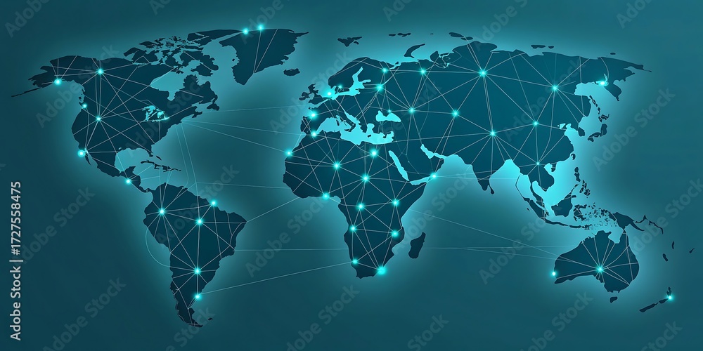 Fototapeta premium Global Network Connectivity World Map with Interconnected Points Representing Communication and Technology.