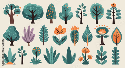 A charming collection of stylized trees and plants in various shapes and colors, featuring a palette of greens, teals, oranges, and purples, presented as a flat vector illustration