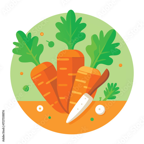 Freshly harvested vibrant orange carrots with green tops and a white peeler knife on a rustic orange soil background with scattered seeds