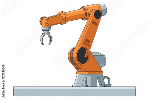 Vector art of an orange industrial robot arm with a gripper is shown, representing automation, manufacturing, and modern technology in a vector illustration