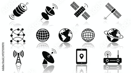 Communication technology icons satellite globe network tower phone router vector