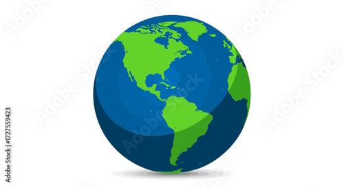 A vibrant illustration of planet earth, showcasing north and south america in vivid green against a deep blue ocean, presented as a digital artwork with a subtle shadow