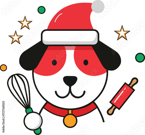 Vector illustration of a cute cartoon dog wearing a Santa hat, holding a whisk and a rolling pin