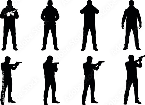 Silhouette of armed and unarmed men in tactical, casual, and defensive poses for military, security, and character design concepts.