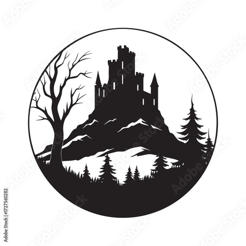 Tree Line With Castle Ruins Silhouette
