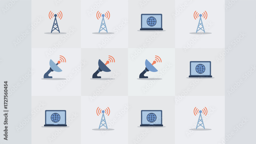 Fototapeta premium Communication towers and satellite dishes with laptops internet