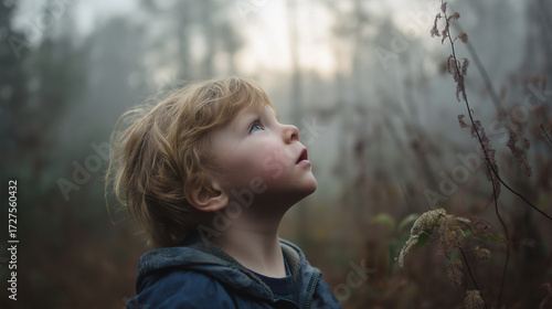 Young boy looking up with curiosity in foggy forest  