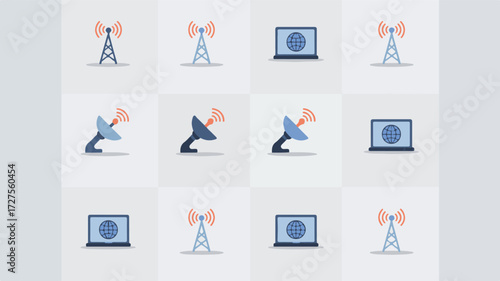 Communication towers and satellite dishes with laptops internet