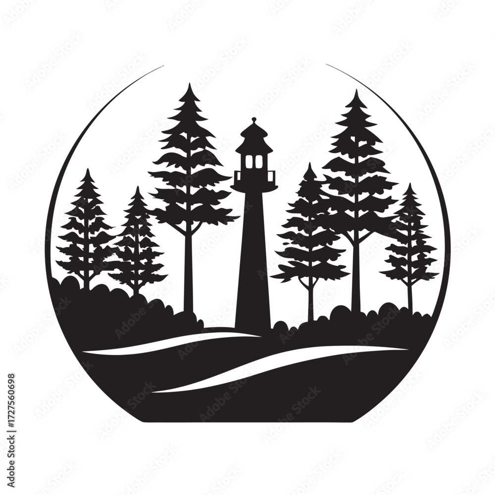 Obraz premium Tree Line With Lighthouse Silhouette