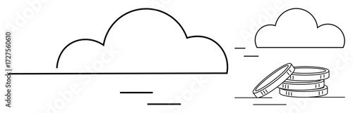 Cloud design and coin stack symbolize digital economy, financial technology, data storage. Ideal for technology, business, investment, cloud computing, fintech innovation economy. Simple flat