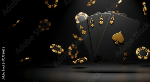 Luxury black and gold poker cards with casino chips on dark background, representing gambling, luck, and high-stakes casino games in an elegant 3D design concept