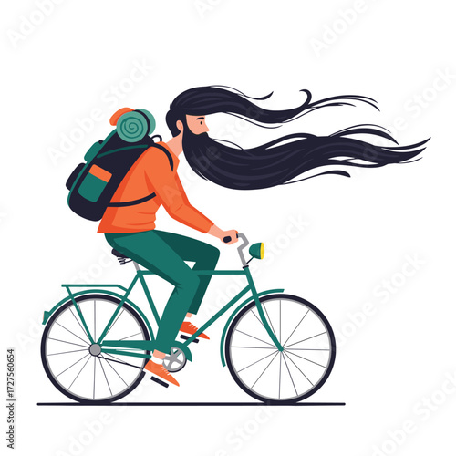 A person with long hair riding a bicycle.