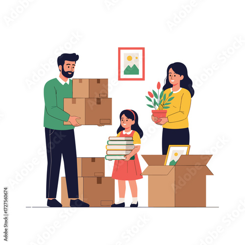 Family moving into a new home with boxes and plants.