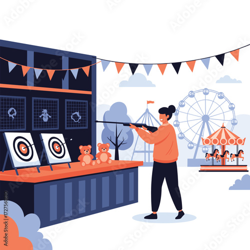 A person aims a rifle at targets at a carnival game.