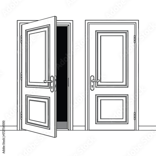 Two closed and one open interior wooden door.