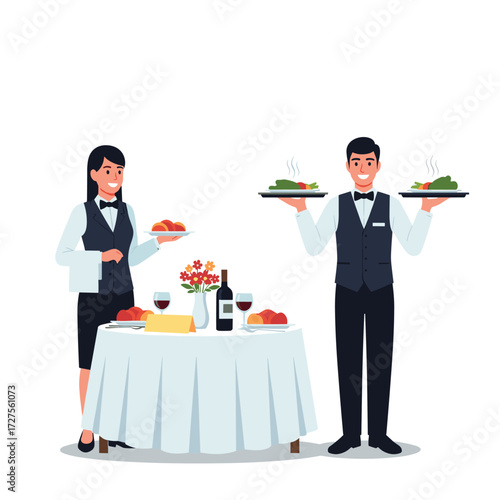 Two servers presenting food and drinks at a beautifully set dining table.