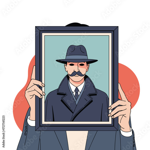 Man holding a portrait with a mustache wearing a hat.