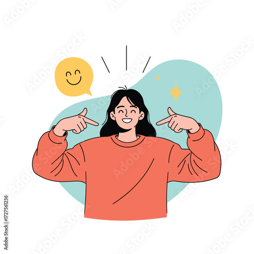 A woman pointing to herself with a smile and a happy face emoji.
