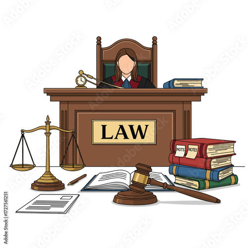 A judge sits at a wooden desk with law books and a gavel nearby.