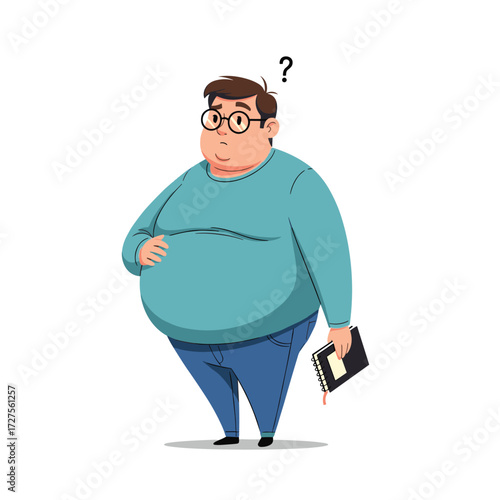 A confused obese man in glasses with a book in his hand.