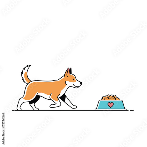 A cute dog approaches a bowl of food.