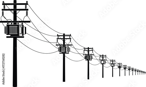 Electric power transmission line with utility poles and transformers, black silhouette vector illustration for infrastructure, energy, and industrial design concepts